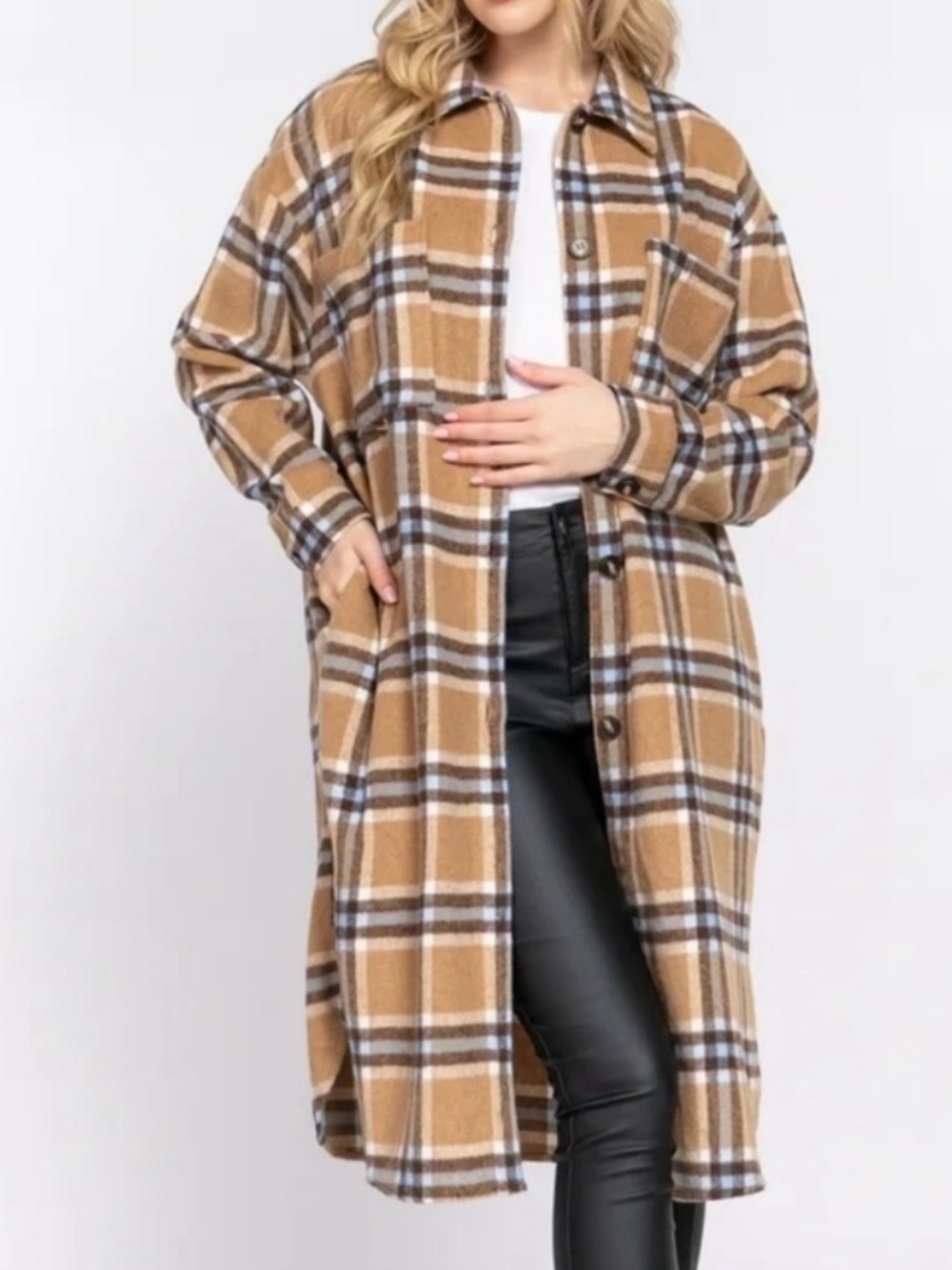 Active USA Camel Plaid Long Shacket Coat